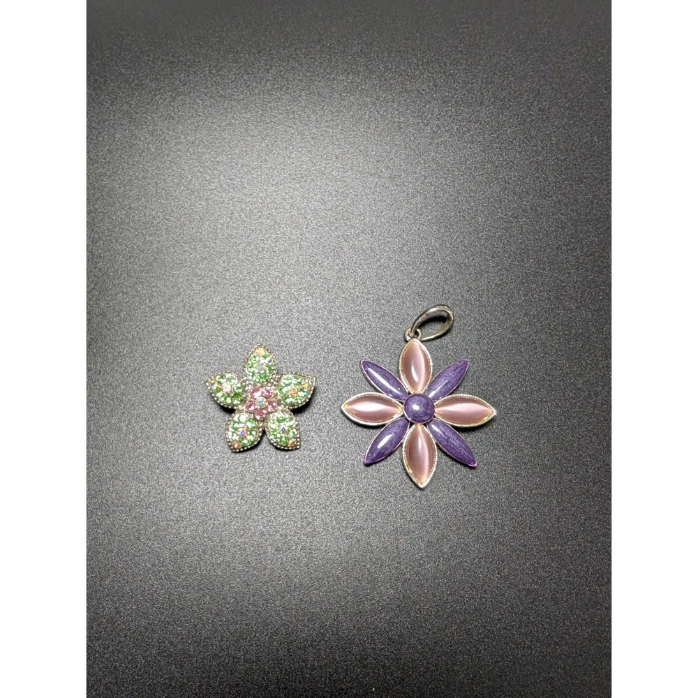 Premier Designs Flower Pendant Brooch Lot Pink Purple Rhinestone Silver Tone